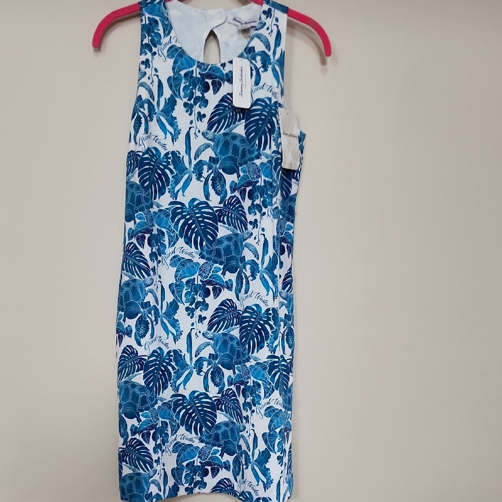 Tommy Bahama Blue and White Asymmetrical Tropical Print Dress